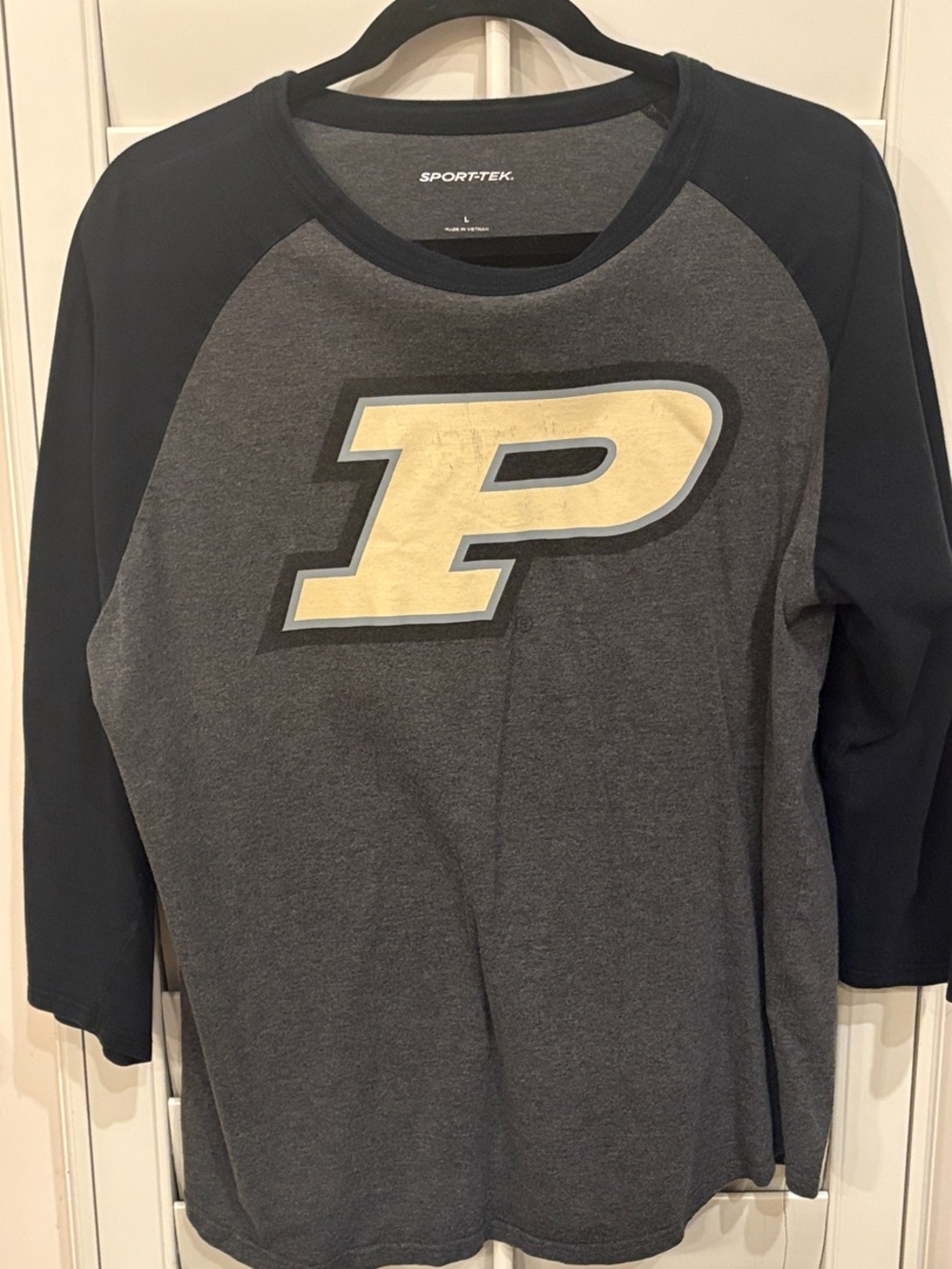 Purdue P Logo Raglan Tee in Grey and Black- 3/4 Sleeve